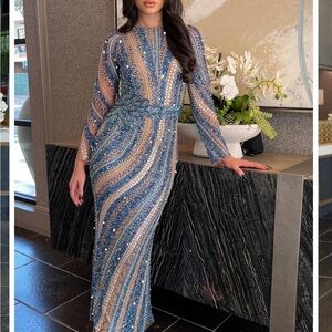 Chic Long Sleeve Blue and Tan Dress